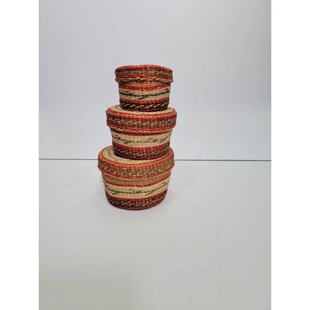 Vintage Set of 3 Chinese Sweetgrass Covered Nesting Baskets Rare